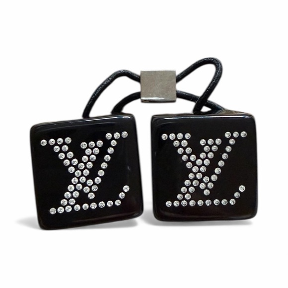 Louis Vuitton Crystal Monogram Hair Cube Tie Black Resin LV Logo - Picture 4 of 5